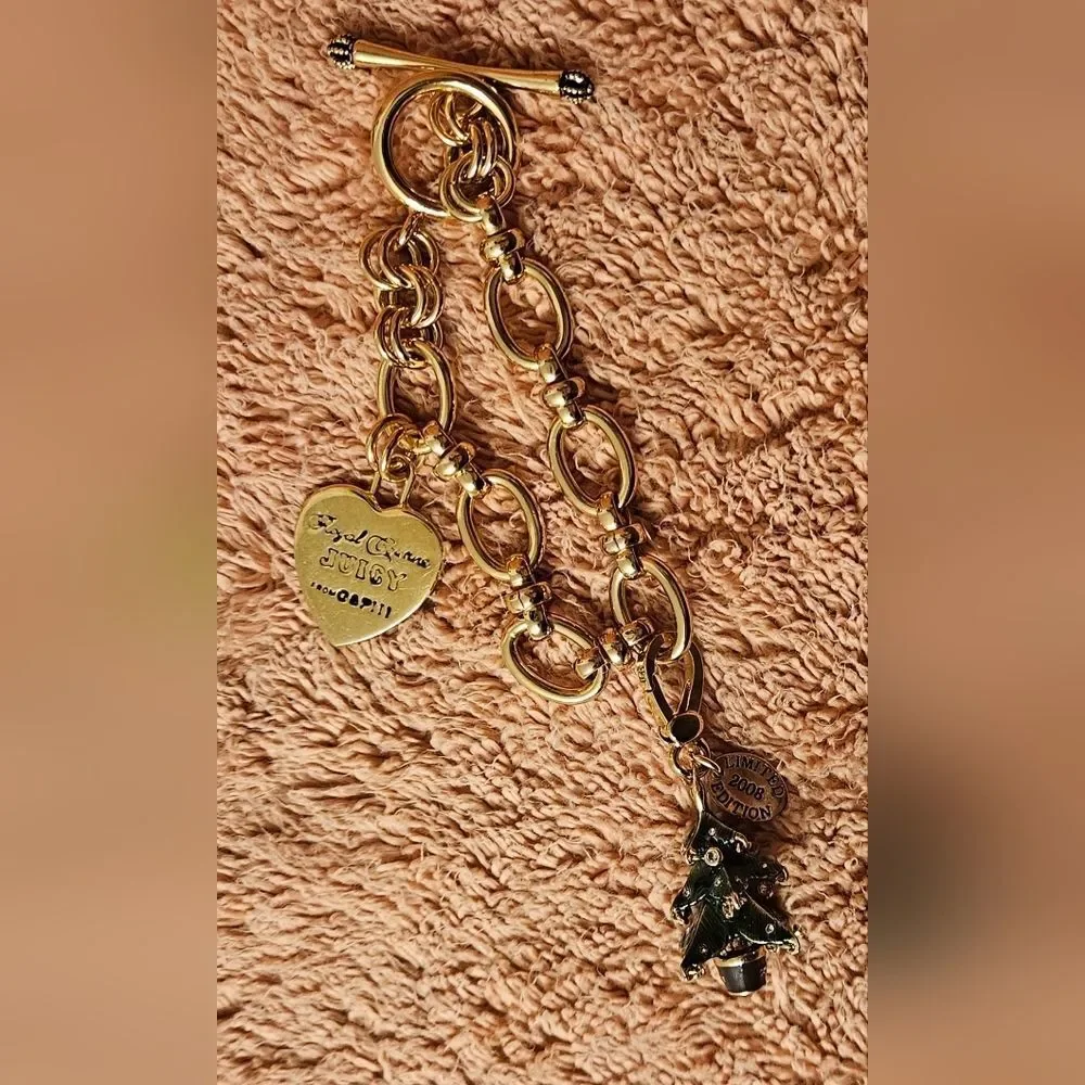 Juicy Couture Limited Edition Christmas Tree Gem Ornaments Gold Heart Bracelet - Picture 2 of 12